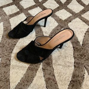 Suede open toe heel, open back